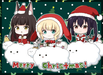 3girls animal animal_ears azur_lane black_hair blonde_hair box brown_eyes chibi closed_mouth commentary_request dress fur-trimmed_headwear fur_trim gift gift_box gochuumon_wa_usagi_desu_ka? hat hood k-on! kirima_syaro long_hair merry_christmas mitya multiple_girls nagato_(azur_lane) nakano_azusa rabbit red_dress santa_hat smile tippy_(gochiusa) twitter_username