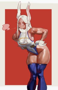 1girl absurdres animal_ears armpits bare_shoulders blue_thighhighs boku_no_hero_academia breasts covered_navel feet_out_of_frame fur-trimmed_legwear fur_trim gloves grey_background groin hands_on_own_hips heattech_leotard highleg highleg_leotard highres large_breasts leaning_forward leotard long_eyelashes long_hair looking_at_viewer mirko muscular muscular_female parted_bangs pout rabbit_ears rabbit_girl rabbit_tail red_background red_eyes skindentation solo standing tail the_antin thick_thighs thighhighs thighs turtleneck two-tone_background white_gloves white_hair white_leotard