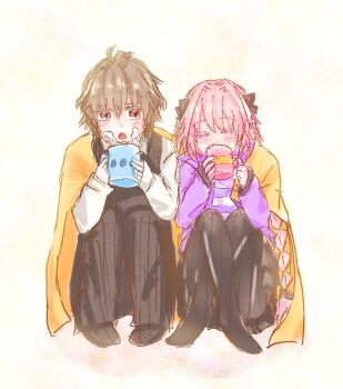 2boys ahoge astolfo_(fate) astolfo_(memories_at_trifas)_(fate) bad_id bad_twitter_id black_legwear black_pants black_ribbon black_skirt blanket blowing blush braid brown_hair closed_eyes coffee_mug commentary couple crossed_legs cup drinking fate/apocrypha fate_(series) h2o_(@h2osu5) hair_between_eyes hair_ornament hair_ribbon highres holding holding_cup hood hooded_jacket jacket long_braid long_hair long_sleeves male_focus mug multicolored_hair multiple_boys no_shoes official_alternate_costume open_clothes open_jacket pants pantyhose pink_hair purple_hair purple_jacket red_eyes ribbon sharing shirt short_hair side-by-side sieg_(fate) single_braid sitting skirt sleeves_ov sleeves_past_wrists striped_clothes striped_shirt thighhighs trap two-tone_hair very_long_hair vest waistcoat white_shirt yaoi