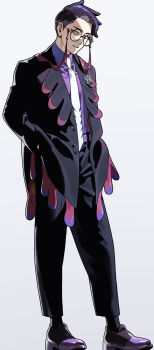 1boy 987645321o black-framed_eyewear black_hair black_jacket black_pants black_socks collared_shirt corbeau_(pokemon) eyewear_strap full_body glasses hands_in_pockets highres jacket long_sleeves looking_at_viewer male_focus necktie nintendo open_clothes open_jacket pants parted_lips pokemon pokemon_legends:_z-a purple_hair purple_shirt round_eyewear shirt shoes short_hair short_sideburns socks solo undercut white_necktie yellow_eyes