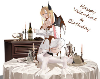 1girl absurdres black_horns blonde_hair bottle breasts chocolate chocolate_on_body commentary_request cup demon_girl demon_horns demon_tail demon_wings dress_shirt drinking_glass english_text food_on_body full_body garter_straps gradient_hair hair_ribbon happy_birthday happy_valentine highres hololive horns kneeling large_breasts long_hair long_sleeves looking_at_viewer looking_back multicolored_hair no_pants no_shoes off_shoulder on_table pink_hair pointy_ears ribbon shirt single_sidelock sleeves_past_wrists solo table tail tanishi_(hetianming11093) thighhighs tress_ribbon virtual_youtuber white_shirt white_thighhighs wine_bottle wine_glass wings yuzuki_choco