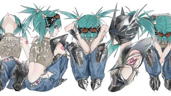 1girl alternate_costume aqua_eyes aqua_hair arm_guards armor armored_boots arms_between_legs baggy_pants bat_wings belt blue_pants boots breasts castt77 crop_top cross cross_patonce cyber_sigilism denim expressionless from_above from_below from_side goggles goggles_on_head greek_cross grey_shirt hair_between_eyes hair_ornament hashtag-only_commentary hatsune_miku helm helmet highres jeans looking_at_viewer looking_back midriff mini_wings multicolored_eyes multiple_views number_tattoo pale_skin pants parted_lips pauldrons punk red_eyes shirt short_hair shoulder_armor shoulder_tattoo sidelocks sitting sleeveless sleeveless_shirt small_breasts spiked_hair tattoo twintails two-tone_eyes vocaloid white_background white_belt white_wings wings y2k_fashion