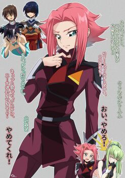 2girls 3boys absurdres athrun_zala belt black_belt black_coat black_hair blue_eyes blue_hair blush breasts budgiepon c.c. closed_eyes closed_mouth coat code_geass commentary company_connection compass_uniform cosplay covering_own_mouth cowboy_shot cropped_torso dress facing_viewer forehead green_hair gundam gundam_seed gundam_seed_destiny gundam_seed_freedom hand_over_own_mouth hands_on_own_head highres holding holding_coat holding_unworn_clothes kira_yamato kouzuki_kallen kururugi_suzaku kururugi_suzaku_(cosplay) lacus_clyne lacus_clyne_(cosplay) lelouch_vi_britannia lelouch_vi_britannia_(cosplay) long_sleeves looking_at_another looking_at_viewer looking_down military_uniform multicolored_coat multiple_boys multiple_girls open_mouth pants ponytail purple_coat purple_pants red_coat red_hair shinn_asuka short_hair simple_background smile solo_focus sunrise_(company) translation_request twintails unworn_coat