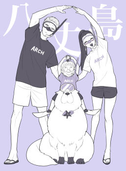 1boy 2girls ^_^ anya_(spy_x_family) arm_up arms_up bond_(spy_x_family) closed_eyes commentary_request diving_mask dog expressionless full_body goggles great_pyrenees high_ponytail highres leaning_to_the_side long_hair multiple_girls o_arms open_mouth ponytail purple_background purple_shirt sandals seashell shell shirt short_hair shorts sitting_on_animal smile snorkel_in_mouth snorkel_mask spot_color spy_x_family starfish sunbo_zatta symmetrical_pose t-shirt translation_request twilight_(spy_x_family) very_short_hair yor_briar