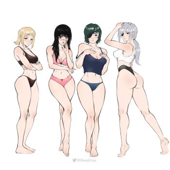 4girls armpits ass bare_legs bare_shoulders barefoot bra breasts chainsaw_man character_request collarbone feet full_body genjiruu highleg highleg_panties highres himeno_(chainsaw_man) long_hair looking_at_viewer medium_breasts mitaka_asa multiple_girls narrow_waist navel panties short_hair simple_background standing thick_thighs thighs twitter_username underwear wedgie white_background