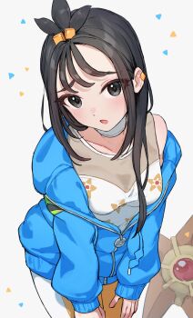 1girl :o blue_hoodie breasts collarbone commentary cube_hair_ornament earclip gen_1_pokemon hair_ornament highres hood hoodie leaning_forward leggings lida_(pokemon) light_blush long_sleeves nintendo open_mouth pokemon pokemon_(creature) pokemon_legends:_z-a print_shirt shirt single_off_shoulder staryu tassel topknot white_background yomizu_(rdad3278) zipper_pull_tab