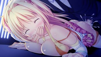 10s 1boy 1girl ass blonde_hair blush breasts censored closed_eyes game_cg hand_in_mouth hetero highres kagurazaka_namine koutaro long_hair mosaic_censoring protagonist_(tropical_vacation) sex tropical_kiss tropical_vacation twinkle_(company)