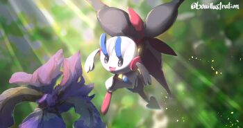 black_flower blurry blurry_background bo_(bouillustration) floette floette_(eternal) flower gen_6_pokemon holding holding_flower nintendo no_humans open_mouth outdoors pokemon pokemon_(creature) pokemon_focus smile solo