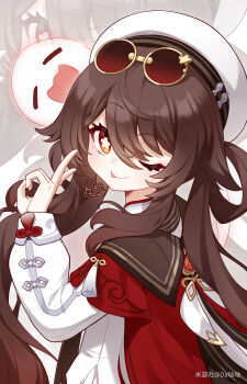 1girl ;p absurdres alternate_costume boo_tao_(genshin_impact) brown_hair child da_dada eyewear_on_head flower-shaped_pupils genshin_impact ghost hair_between_eyes hat highres hu_tao_(cherries_snow-laden)_(genshin_impact) hu_tao_(genshin_impact) long_hair long_sleeves looking_at_viewer looking_back miyoushe_watermark official_alternate_costume one_eye_closed orange_eyes red_eyes sidelocks smile solo sunglasses symbol-shaped_pupils tongue tongue_out twintails watermark zoom_layer