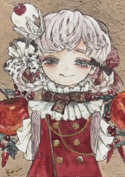 Rule 34 | 1girl, acrylic paint (medium), apple, blunt bangs, blush, bow, braid, brown eyes, cake, cherry, closed mouth, collar, commentary request, crown, dress, earrings, food, frilled collar, frills, fruit, hair bow, highres, jewelry, karintoun, looking at viewer, original, painting (medium), red dress, ribbon, short hair, signature, simple background, smile, straight-on, traditional media, upper body, watercolor (medium), white hair