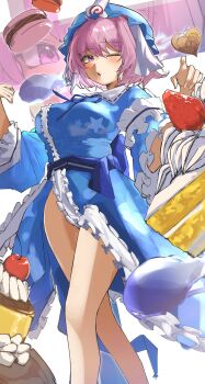 1girl absurdres blue_dress blue_hat cake commentary_request dress floating_food food frilled_dress frills fruit hat highres looking_at_viewer macaron mob_cap one_eye_closed open_mouth pink_eyes pink_hair saigyouji_yuyuko short_hair side_slit solo strawberry sun_kajitsu thighs touhou