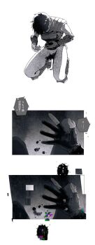 Rule 34 | 1girl, aizheajsee, arm armor, black hair, bulletproof vest, fingerless gloves, full body, ghost in the shell, gloves, greyscale, highres, kneeling, kusanagi motoko, looking at hand, looking at viewer, medium hair, monochrome, pov, pov hands, solo, tactical clothes, white background