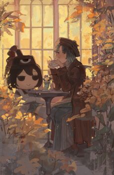 1other adapted_costume androgynous bell-bottoms blue_hair blue_pants blunt_bangs blunt_ends boots brown_boots brown_coat brown_hat chair character_doll coat collared_coat covered_mouth cup day doll drinking elbows_on_table flower food freckles full_body fumo_(doll) green_shirt hat hatsburg highres holding holding_cup ice_cream indoors len'en light_blush light_particles long_sleeves looking_at_viewer on_chair open_clothes open_coat other_focus pants parted_bangs pink_shirt purple_eyes realistic senri_haiji senri_tsurubami shirt short_hair sitting sleeve_cuffs solo striped_clothes striped_hat striped_shirt sundae table teacup two-tone_shirt window yellow_flower