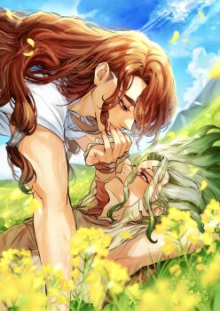2boys absurdres blue_sky blurry brown_hair cloud day depth_of_field dr._stone eye_contact falling_petals field flower flower_field gradient_hair grass green_hair highres ishigami_senkuu kiss kissing_hand kppn_135 long_hair looking_at_another lying male_focus multicolored_hair multiple_boys on_back outdoors petals profile red_hair shirt shishiou_tsukasa sky smile thick_eyebrows toned toned_male two-tone_hair upper_body yaoi yellow_flower