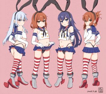 4girls adversarial_noise akatsuki_(kancolle) artist_logo ass black_hair black_hairband black_neckerchief black_panties blue_eyes blue_sailor_collar blue_skirt blush boots brown_eyes brown_hair butt_crack cosplay crop_top dated elbow_gloves folded_ponytail full_body gloves grey_hair hair_between_eyes hair_ornament hairband hairclip hibiki_(kancolle) highleg highleg_panties horizontal-striped_thighhighs ikazuchi_(kancolle) inazuma_(kancolle) kantai_collection logo long_hair looking_at_viewer microskirt multiple_girls navel neckerchief panties sailor_collar shimakaze_(kancolle) shimakaze_(kancolle)_(cosplay) short_hair skirt striped_clothes striped_thighhighs sun_fle thighhighs thong underwear white_gloves