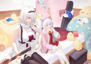 2girls absurdres animal animal_ears azur_lane baby_animal bare_arms bare_shoulders bed bird black_hairband breasts brown_thighhighs camisole chick closed_eyes closed_mouth colorado_(azur_lane) commentary_request dress electric_guitar fake_animal_ears feet_out_of_frame grey_hair guitar hair_intakes hairband hatski.sin highres holding holding_instrument indoors instrument instrument_case jacket laffey_(azur_lane) manjuu_(azur_lane) medium_breasts meowfficer_(azur_lane) multiple_girls off_shoulder on_bed open_clothes open_jacket pink_hairband pink_jacket pleated_skirt rabbit_ears red_skirt sitting skirt sleeveless sleeveless_dress small_breasts smile thighhighs twintails white_camisole white_dress white_hair yawning