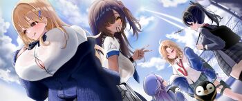 5girls absurdres bag beret black_hair blonde_hair blue_cardigan blue_jacket bow bowtie breasts brown_eyes brown_hair bursting_breasts button_gap cardigan dark-skinned_female dark_skin ein_(nikke) eong-geum-eong-geum goddess_of_victory:_nikke gyaru hair_over_one_eye hair_tie_in_mouth hat highres huge_breasts jacket large_breasts long_hair loose_necktie mouth_hold multiple_girls naga_(nikke) necktie off_shoulder pleated_skirt ponytail purple_hair red_eyes rei_(nikke) school_uniform shirt side_ponytail skirt smile tia_(nikke) v white_shirt zwei_(nikke)