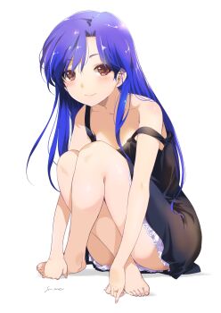1girl arm_support bare_arms bare_legs bare_shoulders barefoot black_dress blue_hair blush breasts brown_eyes cleavage collarbone commentary_request convenient_leg crossed_legs dress feet full_body hair_between_eyes hands_on_feet highres idolmaster idolmaster_(classic) inoue_sora jewelry kisaragi_chihaya knees_up legs long_hair looking_at_viewer nightgown open_mouth ring signature simple_background sitting sleeveless sleeveless_dress smile solo strap_slip toes white_background
