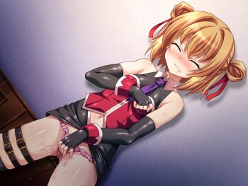 1girl aoi_masami bare_shoulders belt belt_buckle black_gloves black_skirt black_thighhighs blonde_hair blush breasts buckle closed_eyes closed_mouth clothes_lift clothing_cutout cowboy_shot double_bun drooling dutch_angle elbow_gloves embarrassed female_masturbation female_orgasm fingerless_gloves frilled_panties frills game_cg gloves grabbing_own_breast hair_between_eyes hair_bun hair_intakes hair_ribbon indoors large_variant_set masturbation miniskirt navel navel_cutout necktie nina_wang_rockford nipple_stimulation nipple_tweak non-web_source nose_blush official_art orange_hair orgasm panties pee peeing peeing_self pencil_skirt pink_panties purple_necktie pussy_juice raised_eyebrows red_ribbon ribbon saliva shiny_clothes shiny_legwear shiny_skin shirt short_hair short_necktie sidelocks skirt skirt_lift sleeveless sleeveless_shirt small_breasts solo standing sweat thigh_belt thigh_strap thighhighs ts_magical_girl_nao tweaking_own_nipple underwear variant_set wavy_mouth wet wet_clothes wet_panties wrist_cuffs