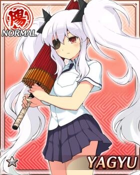 1girl blue_necktie blue_skirt breasts eyepatch game_cg hanzou_academy_school_uniform holding holding_umbrella large_breasts light_frown long_hair looking_at_viewer necktie non-web_source official_alternate_costume official_art oil-paper_umbrella red_eyes school_uniform senran_kagura senran_kagura_new_wave shirt shuriken shuriken_hair_ornament sidelocks skirt solo twintails umbrella very_long_hair wavy_hair weapon white_hair white_shirt yagyu_(senran_kagura)