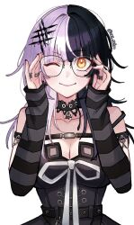 Rule 34 | 021 shiro, 1girl, bespectacled, black-framed eyewear, black dress, black hair, black nails, breasts, cleavage, detached sleeves, dress, glasses, grey hair, highres, hololive, hololive english, jewelry, multicolored hair, one eye closed, ring, shiori novella, shiori novella (1st costume), simple background, smile, split-color hair, twitter username, virtual youtuber, white background, yellow eyes