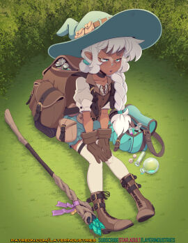 backpack bag bottle bsfs bushes commander_rab_(layer_industries) empty_bottle gloves grass hat hiking_boots janine_flores leather leather_gloves ponytail potion sitting staff test_tube thighhighs white_hair witch_hat