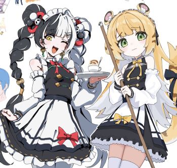2girls animal_ears apron black_hair blonde_hair broom dialyn_(zenless_zone_zero) earrings green_eyes gyozanobenkyou highres holding holding_tray jewelry ju_fufu maid maid_apron maid_headdress multicolored_hair multiple_girls one_eye_closed open_mouth split-color_hair tail tiger_ears tiger_girl tiger_tail tray uni_gyoza white_hair yellow_eyes zenless_zone_zero