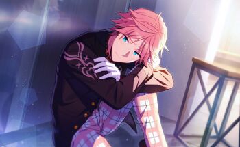 Rule 34 | 1boy, black jacket, blue eyes, closed mouth, crossed arms, desk, dino albani, game cg, gloves, happy elements, helios rising heroes, highres, indoors, jacket, knee up, light particles, long sleeves, looking at viewer, male focus, non-web source, official alternate costume, official art, on floor, pants, pink hair, plaid clothes, plaid pants, school uniform, short hair, sitting, solo, white gloves