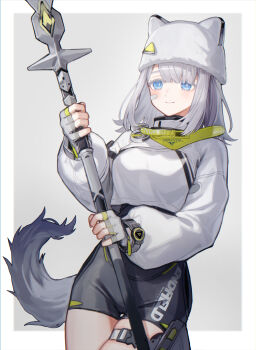 Rule 34 | 1girl, animal hat, arknights, arknights: endfield, bandaid, bandaid on face, blue eyes, border, breasts, cat hat, commentary, estella (arknights), fingerless gloves, gloves, grey background, grey gloves, grey hair, hat, highres, holding, holding weapon, kino (m6t2a), long hair, long sleeves, looking at viewer, outside border, simple background, smile, solo, tail, weapon, white border, white hat