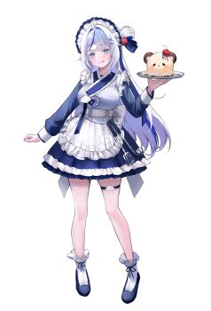 1girl absurdres ahoge aokumo_rin apron blue_dress blue_eyes blue_hair blue_nails blue_ribbon blue_shoes breasts closed_mouth cloud_hair_ornament cloud_print dress eengchi frilled_apron frilled_dress frills full_body hair_ornament hair_ribbon hairclip hashtag-only_commentary highres holding holding_tray kurimi_(aokumo_rin) ladle large_breasts long_hair long_sleeves maid_apron maid_headdress multicolored_hair parallel_hairclips pleated_dress ribbon shoes simple_background socks spatula stellive streaked_hair thigh_strap tray virtual_youtuber white_apron white_background white_hair white_socks x_hair_ornament