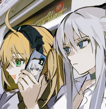 1boy 2girls ahoge artoria_caster_(fate) artoria_pendragon_(fate) black_hair blonde_hair blue_eyes cellphone choker fate/grand_order fate_(series) green_eyes grey_hair hairband holding holding_phone long_hair looking_at_phone man_looks_at_himself_on_someone&#039;s_phone_(meme) meme morgan_le_fay_(fate) multiple_girls oberon_(fate) oberon_(moody_summer_oberon)_(fate) oberon_(third_ascension)_(fate) open_mouth phone photo-referenced shirt smartphone smile ss_un17 train_interior