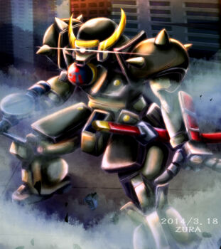 Rule 34 | 2014, armor, building, character name, city, company connection, dated, dust, gintama, glowing, gun, gundam, holding, holding gun, holding weapon, horns, japanese armor, joints, katana, kitajima kitarou, kote, machine gun, mecha, mecha focus, mobile suit, no humans, no pupils, one-eyed, outdoors, parody, pink eyes, robot, robot joints, scabbard, sheath, sheathed, shoulder armor, shoulder spikes, skyscraper, solo, spikes, squatting, sunrise (company), sword, vambraces, weapon, zura (gintama)