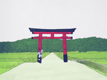 1girl black_boots black_skirt boots commentary_request forest full_body grey_robe grey_sky long_hair looking_at_viewer mononobe_no_futo nature osushi_daisuki outdoors path pom_pom_(clothes) road robe scenery skirt sky solo torii touhou tree vanishing_point