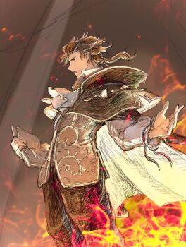 1boy ascot black_pants book brown_hair commentary_request cyrus_albright embers fire highres holding holding_book looking_ahead male_focus octopath_traveler octopath_traveler_i open_mouth outstretched_arms pants qqqqqli solo standing white_ascot