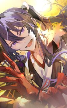 1boy :d asa_no_ha_(pattern) backlighting black_haori black_kimono card commentary_request double-parted_bangs dutch_angle ensemble_stars! falling_leaves foreshortening glint gloves hair_between_eyes hair_intakes hand_up haori highres holding holding_card idol idol_clothes japanese_clothes kanzaki_souma kaoso kimono leaf light_particles long_hair looking_at_viewer male_focus maple_leaf motoyui official_alternate_costume open_mouth ponytail purple_eyes red_gloves sidelocks smile solo v-shaped_eyebrows