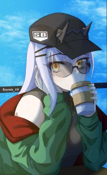 1girl bare_shoulders baseball_cap black_hat black_shirt breasts commentary_request fate/grand_order fate_(series) forked_eyebrows hat highres jacket kayu_manis19 long_hair long_sleeves looking_at_viewer melusine_(fate) melusine_(over_the_same_sky)_(fate) off_shoulder shirt sleeveless sleeveless_shirt small_breasts solo sunglasses white_hair yellow_eyes