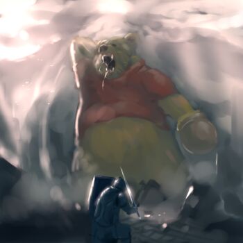 Rule 34 | 1boy, animal, armor, bad id, bad twitter id, bear, debris, drooling, epic, helmet, holding, holding sword, holding weapon, honey, knight, pooh, red shirt, roaring, shield, shirt, smoke, sword, weapon, winnie the pooh, yamada (gotyui)