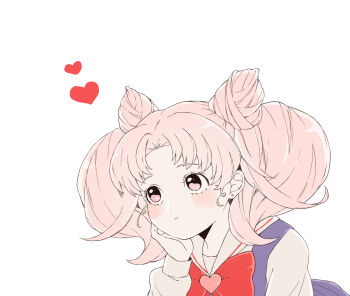 1girl bishoujo_senshi_sailor_moon bow bowtie chibi_usa commentary_request cone_hair_bun double_bun earrings hair_bun head_rest heart highres jewelry juuban_elementary_school_uniform pink_eyes pink_hair red_bow red_bowtie school_uniform serafuku solo stud_earrings toco_(love-hmhm-tocotoco) twintails upper_body