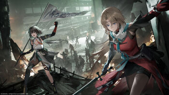 Rule 34 | 2girls, asymmetrical legwear, black hair, black pantyhose, blonde hair, blue eyes, chinese commentary, cleavage cutout, clothing cutout, commentary request, dress, fingerless gloves, fire, flag, fur-trimmed dress, fur trim, game cg, girls' frontline, girls' frontline 2: exilium, gloves, green hair, highres, holding, holding flag, holding sword, holding weapon, mechanical arms, multicolored hair, multiple girls, necktie, official art, pantyhose, red necktie, roadblock, rubble, second-party source, single fingerless glove, single mechanical arm, streaked hair, sword, ullrid (girls' frontline 2), weapon, zhaohui (girls' frontline 2)