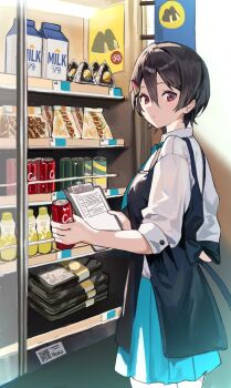1girl apron black_hair blue_apron blue_skirt can character_request chinese_commentary clipboard closed_mouth commentary_request copyright_request cowboy_shot drink_carton earrings food food-themed_hair_ornament hair_ornament highres holding holding_can holding_clipboard jewelry looking_at_viewer looking_back milk_carton pleated_skirt pogua_haka red_eyes shirt short_hair skirt sleeves_rolled_up solo stud_earrings watermelon_hair_ornament white_shirt