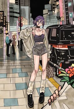 1girl 3boys angel_devil_(chainsaw_man) angel_wings bag bare_shoulders black_camisole black_choker black_hair black_pants black_shoes blue_jacket bouquet breasts brown_jacket camisole car chainsaw_man choker cleavage closed_mouth crop_top denji_(chainsaw_man) flower full_body green_eyes grenade_pin grey_jacket grey_shorts hair_between_eyes hair_bun halo hayakawa_aki highres holding holding_bag holding_bouquet jacket jacket_partially_removed light_smile loafers long_hair looking_at_viewer loose_socks medium_breasts medium_hair midriff motor_vehicle multiple_boys out_of_frame pants purple_hair red_hair reze_(chainsaw_man) road shoes shopping_bag short_hair shorts sidewalk socks street takeuchi_ryousuke updo white_socks white_wings wings