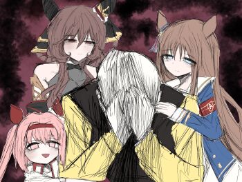 1boy 3girls animal_ears armband black_souls black_souls_2 blue_eyes brown_eyes brown_hair gentildonna_(regina_dei_fiori)_(umamusume) gentildonna_(umamusume) grass_wonder_(stone-piercing_blue)_(umamusume) grass_wonder_(umamusume) hair_between_eyes hairband haru_urara_(bestest_prize)_(umamusume) haru_urara_(umamusume) highres horse_ears horse_girl horse_tail long_hair meme multiple_girls open_mouth pedkung pink_eyes pink_hair red_armband sailor_collar smile sushi_yuusha_toro_(style) tail trainer_(umamusume) umamusume very_long_hair vest where_is_alice_(meme)