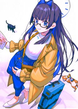 1girl 2others bag blue_eyes blue_hair blunt_bangs breasts buttons cat coat commentary denim english_commentary from_above glasses halo handbag highres hololive hololive_english hourglass jeans large_breasts long_coat long_hair long_sleeves looking_at_viewer map multicolored_hair multiple_others ouro_kronii ouro_kronii_(casual) pants parted_bangs shirt shoes strap two-tone_hair usakichiyuzu walking white_background white_shirt white_shoes yellow_coat