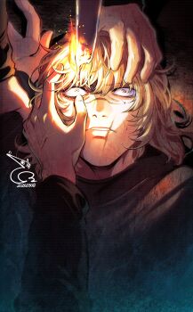 Rule 34 | 1boy, 3others, absurdres, badeni, baehee5502, black robe, blonde hair, blue eyes, candle, chi.: chikyuu no undou ni tsuite, dripping, fire, highres, long sleeves, male focus, medium hair, multiple others, parted lips, robe, scar, scar on face, scar on lip, scar on nose, sweat, upper body