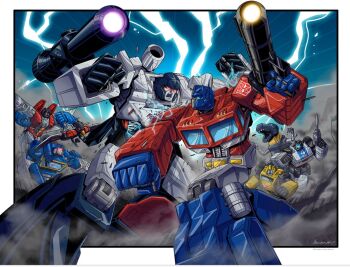 airplane_wing arm_cannon arm_mounted_weapon assault_visor autobot battle battle_damage beam_rifle blue_eyes bumblebee_(transformers) decepticon energy_gun glowing glowing_eyes grimlock horns humanoid_robot insignia jazz_(transformers) laserbeak marcelo_matere mask mecha megatron mouth_mask no_humans optimus_prime red_eyes red_visor robot science_fiction shoulder_cannon soundwave_(transformers) starscream transformers transformers:_generation_1 tyrannosaurus_rex weapon