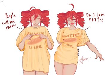 ahoge artist_name astartefrost baguette blush bottomless bread bread_print breasts closed_mouth commentary cowboy_shot crying drill_hair english_commentary english_text fatass_teto_(meme) food index_fingers_together kasane_teto looking_at_viewer medium_breasts meme open_mouth pout red_eyes red_hair shirt short_hair short_sleeves sidelocks simple_background thick_thighs thighs twin_drills utau wavy_mouth weight_conscious white_background yellow_shirt