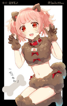 1boy animal_ears bow commentary_request crop_top facial_mark fangs fur-trimmed_collar fur-trimmed_gloves fur_socks fur_trim gloves highres looking_at_viewer male_focus mars_symbol midriff navel original paw_pose pink_hair red_bow red_eyes signature solo trap twintails tyuraba whisker_markings