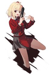 Rule 34 | 1girl, absurdres, belt, blonde hair, blue ribbon, bob cut, breasts, collared shirt, crossed bangs, double-parted bangs, dress, feet out of frame, grey dress, gun, hair ribbon, handgun, highres, holding, holding gun, holding weapon, long sleeves, looking at viewer, lycoris recoil, lycoris uniform, m1911, nagishiro mito, neck ribbon, nishikigi chisato, one side up, open mouth, pleated dress, red belt, red dress, red eyes, red ribbon, ribbon, shirt, short hair, sidelocks, simple background, smile, solo, trigger discipline, two-tone dress, v, weapon, white background, white shirt