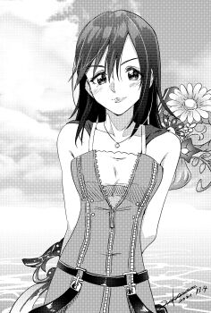 Rule 34 | 1girl, absurdres, akane (getwild23), closed mouth, cloud, collarbone, dated, destiny's embrace (kingdom hearts), dress, greyscale, highres, holding, holding weapon, jewelry, kairi (kingdom hearts), keyblade, kingdom hearts, kingdom hearts ii, lips, looking at viewer, medium hair, monochrome, necklace, skirt, sleeveless, smile, solo, weapon, zipper dress