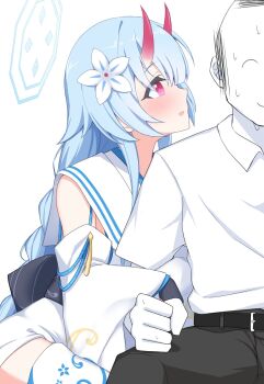 1boy 1girl :d arm_hug belt black_belt black_pants blue_archive blue_hair blue_halo blunt_bangs blush braid chise_(blue_archive) collared_shirt commentary_request cowboy_shot demon_girl detached_sleeves doodle_sensei_(blue_archive) flower hair_between_eyes hair_flower hair_ornament halo hetero highres horns japanese_clothes kimono long_hair long_sleeves looking_at_another nervous_sweating oni open_mouth pants profile red_eyes red_horns red_pupils sailor_collar school_uniform sensei_(blue_archive) serafuku shirt short_sleeves sidelocks simple_background sitting skin-covered_horns sleeveless sleeveless_kimono smile sweat tareme twin_braids very_long_hair whispering white_background white_flower white_kimono white_sailor_collar white_shirt wide_sleeves yamichi_(yamichi8369)